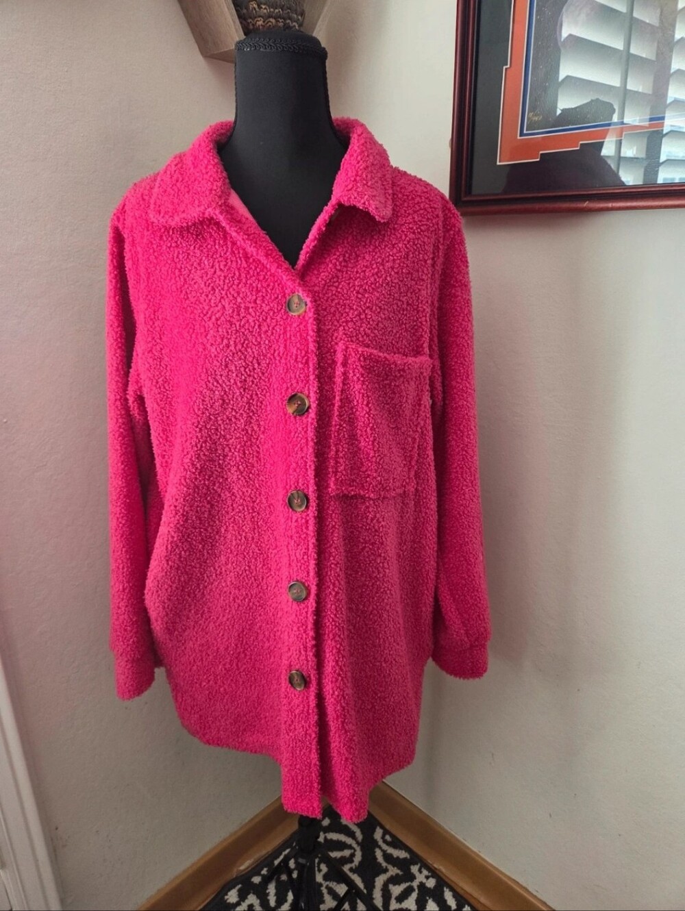 Les Amis Cozy Button-Front Fuzzy Jacket - Hot Pink Glam Fall Winter Size Medium